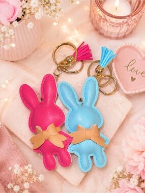 Bunny Faux Leather Tassel Bag Charm Keychain | Pink or Blue